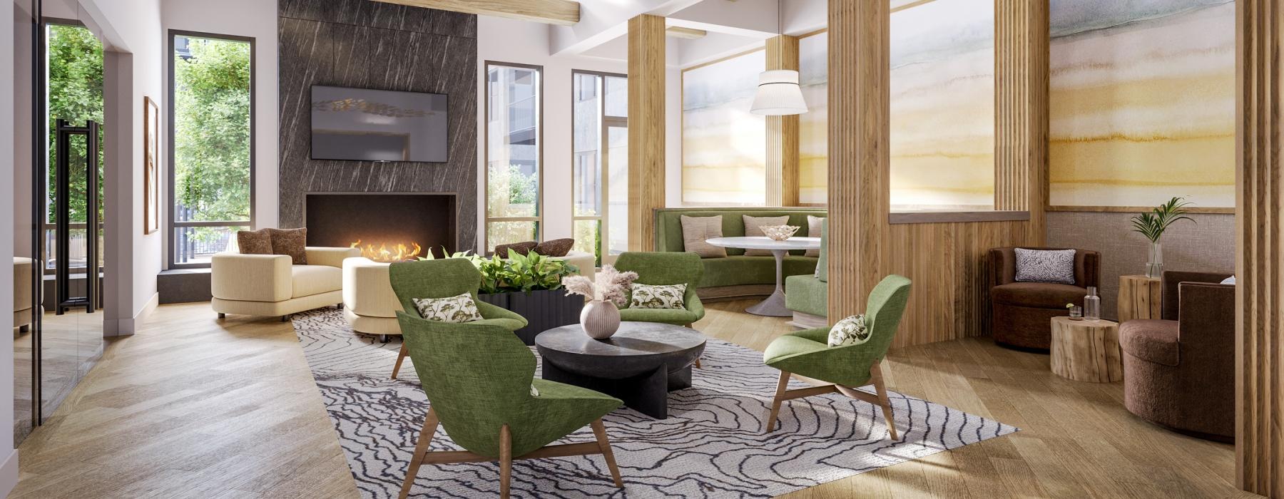 a lounge room with a fireplace and tv