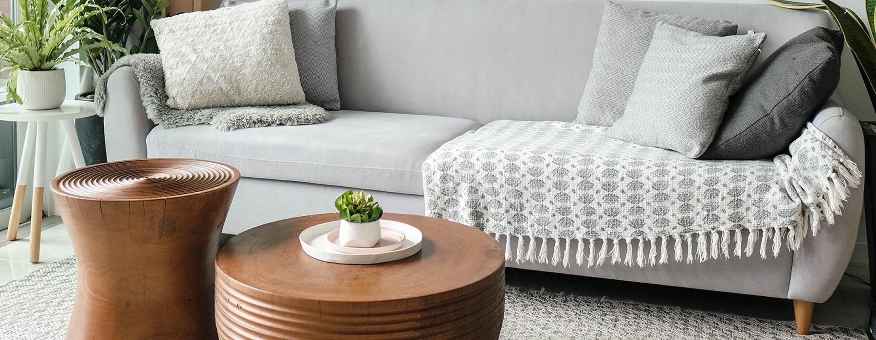 a couch with a table and potted plants